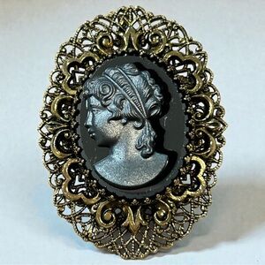 VINTAGE Cameo Black Hematite Glass Filagree‎ Brooch and Pendant